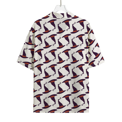 Purple Halloween Witch Hat Pattern Print Rayon Hawaiian Shirt