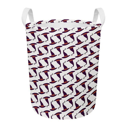 Purple Halloween Witch Hat Pattern Print Round Laundry Basket