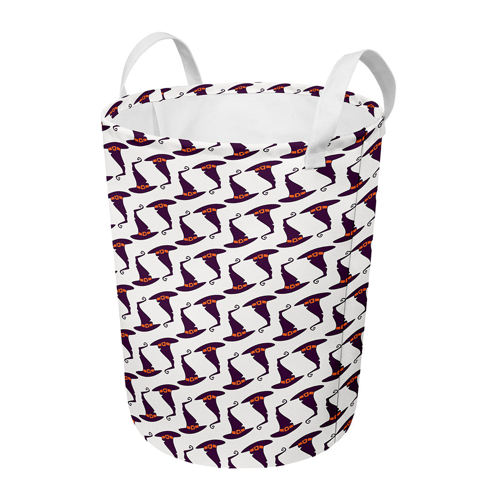 Purple Halloween Witch Hat Pattern Print Round Laundry Basket