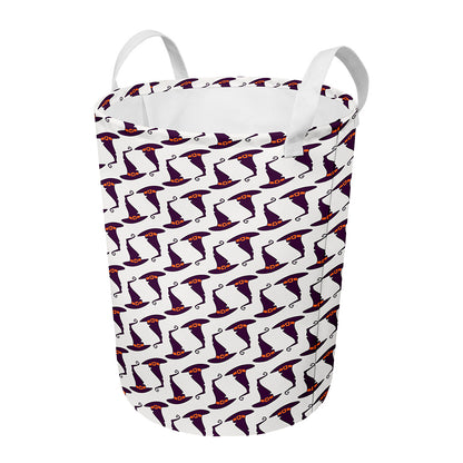 Purple Halloween Witch Hat Pattern Print Round Laundry Basket