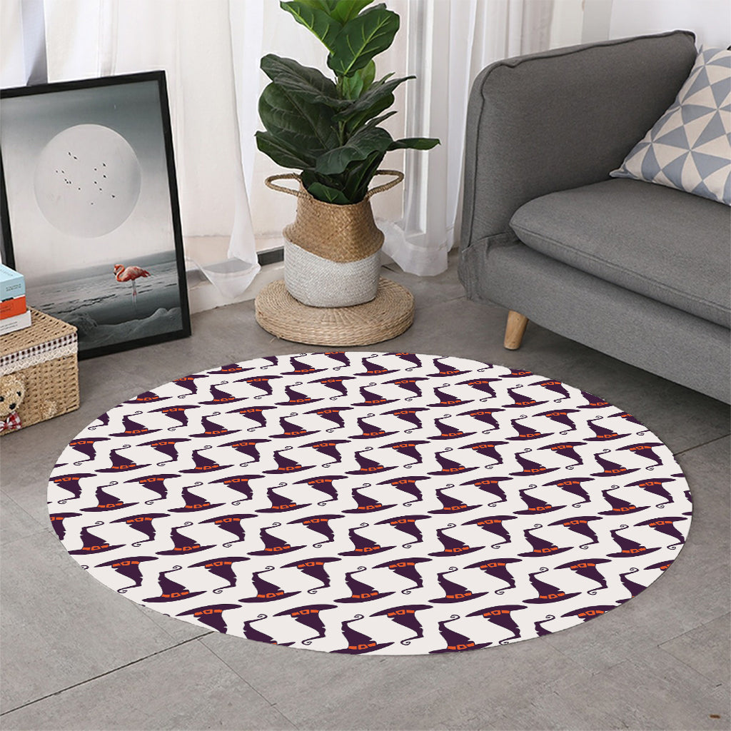 Purple Halloween Witch Hat Pattern Print Round Rug