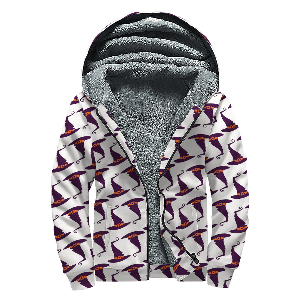 Purple Halloween Witch Hat Pattern Print Sherpa Lined Zip Up Hoodie