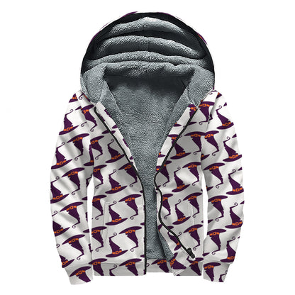 Purple Halloween Witch Hat Pattern Print Sherpa Lined Zip Up Hoodie