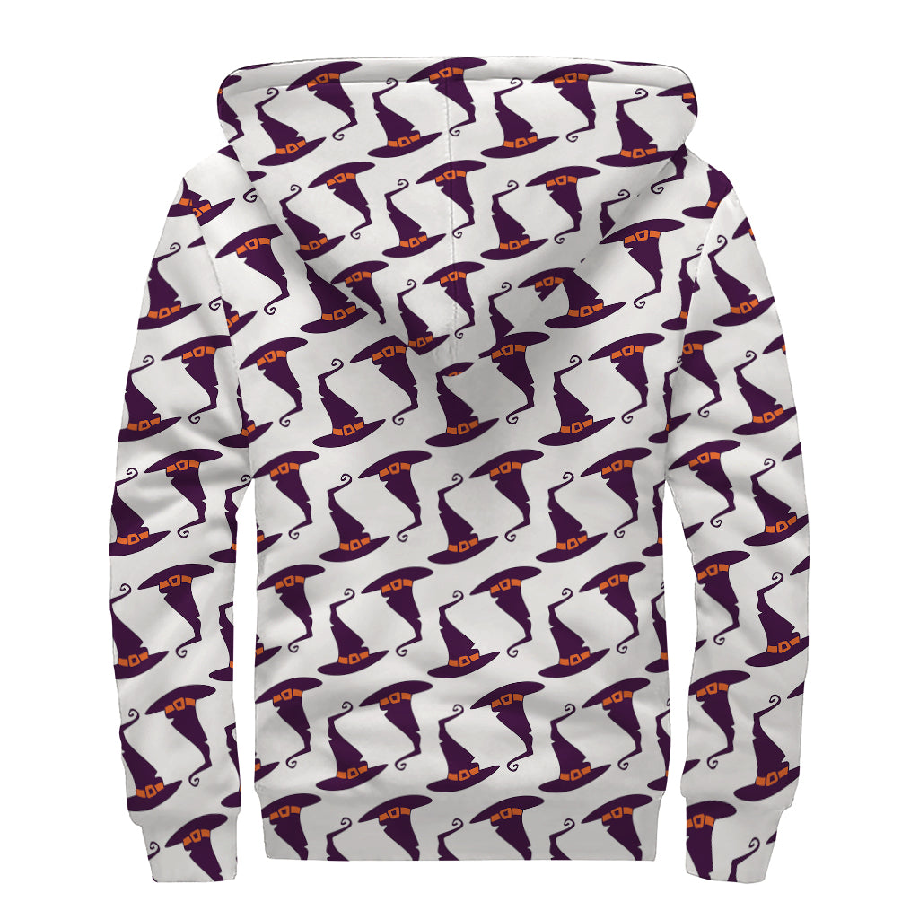 Purple Halloween Witch Hat Pattern Print Sherpa Lined Zip Up Hoodie