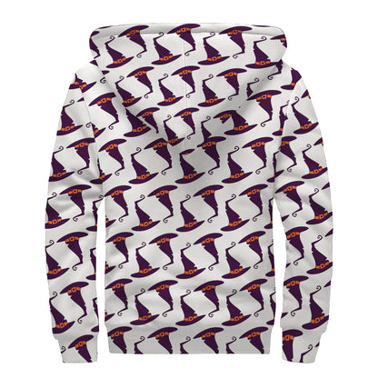 Purple Halloween Witch Hat Pattern Print Sherpa Lined Zip Up Hoodie