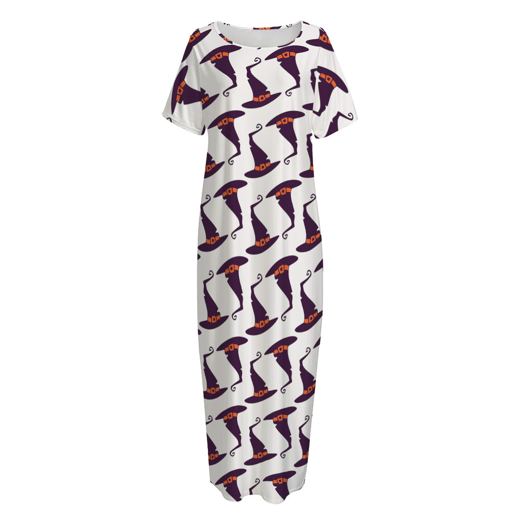 Purple Halloween Witch Hat Pattern Print Short Sleeve Long Nightdress