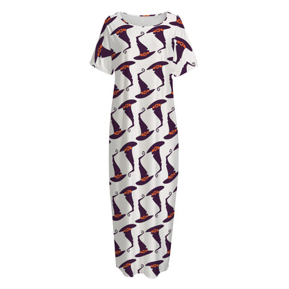 Purple Halloween Witch Hat Pattern Print Short Sleeve Long Nightdress