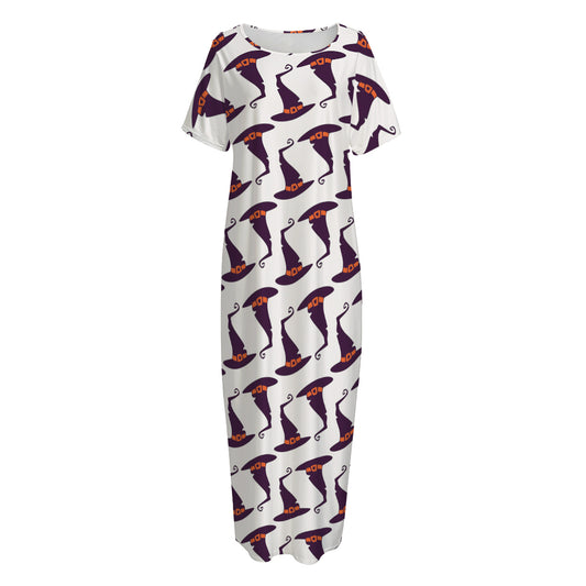 Purple Halloween Witch Hat Pattern Print Short Sleeve Long Nightdress
