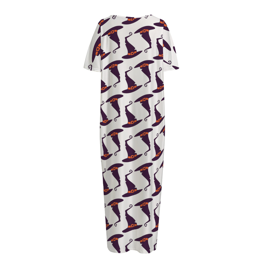 Purple Halloween Witch Hat Pattern Print Short Sleeve Long Nightdress