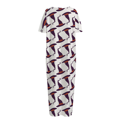 Purple Halloween Witch Hat Pattern Print Short Sleeve Long Nightdress