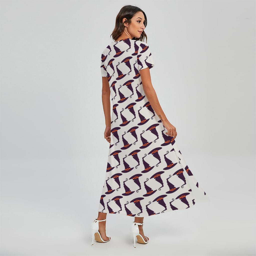 Purple Halloween Witch Hat Pattern Print Short Sleeve Maxi Dress