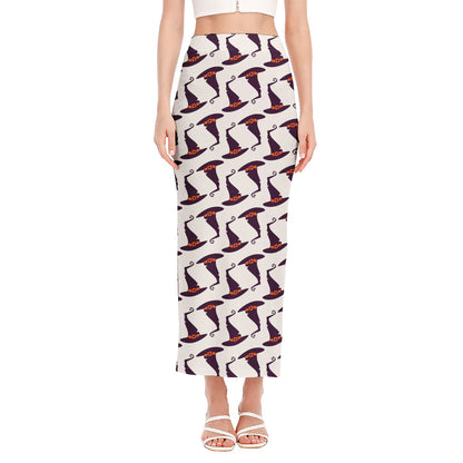 Purple Halloween Witch Hat Pattern Print Side Slit Maxi Skirt