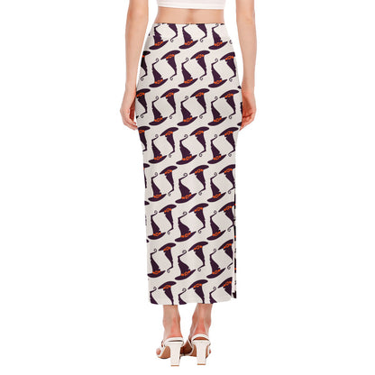 Purple Halloween Witch Hat Pattern Print Side Slit Maxi Skirt