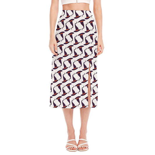 Purple Halloween Witch Hat Pattern Print Side Slit Midi Skirt
