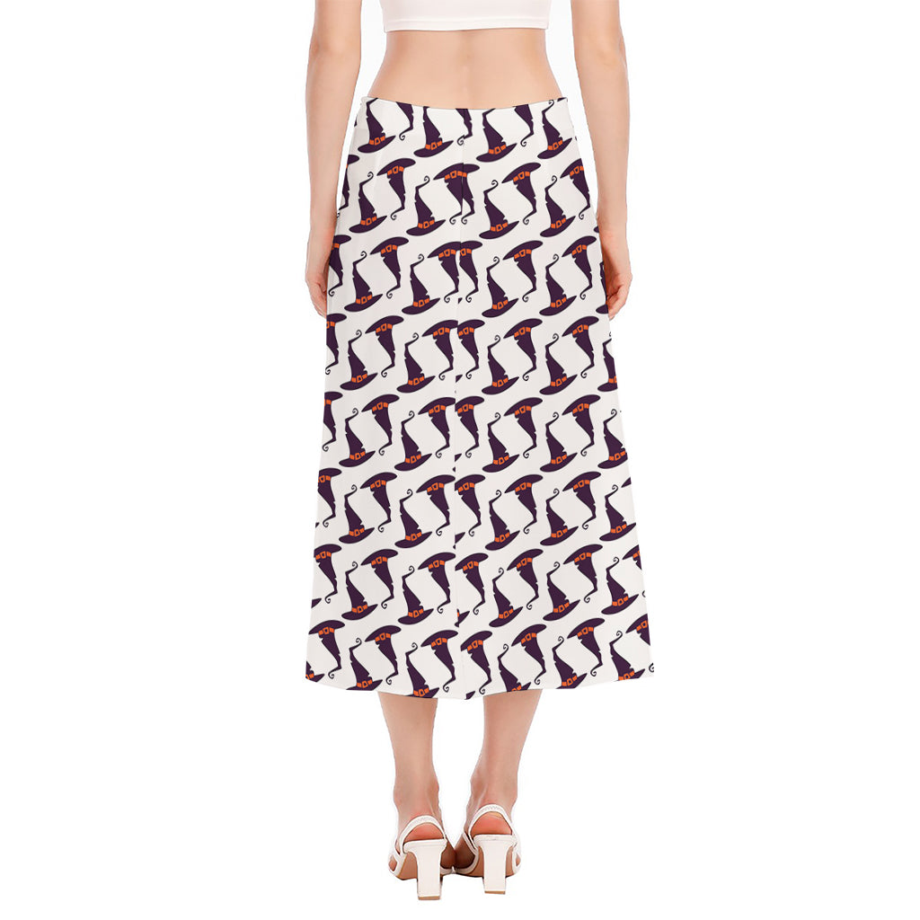 Purple Halloween Witch Hat Pattern Print Side Slit Midi Skirt