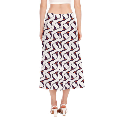 Purple Halloween Witch Hat Pattern Print Side Slit Midi Skirt