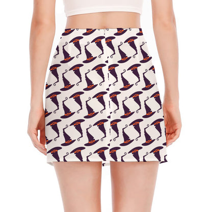 Purple Halloween Witch Hat Pattern Print Side Slit Mini Skirt