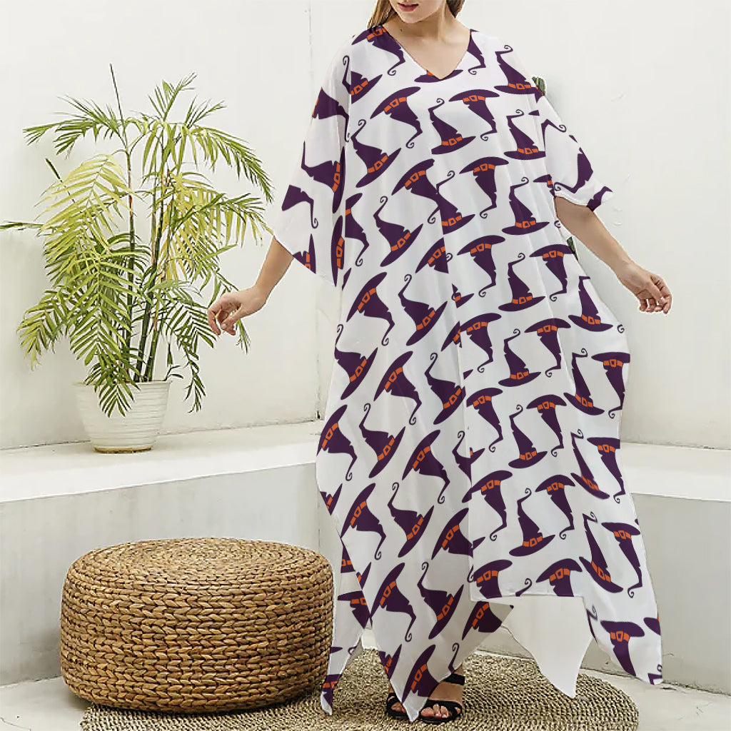 Purple Halloween Witch Hat Pattern Print Silk V-Neck Kaftan Dress