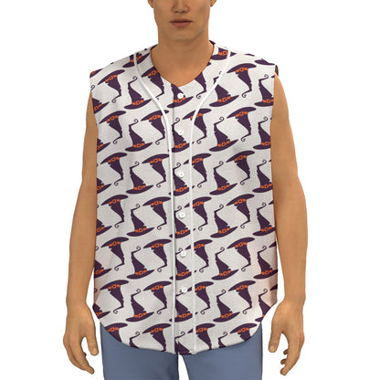 Purple Halloween Witch Hat Pattern Print Sleeveless Baseball Jersey