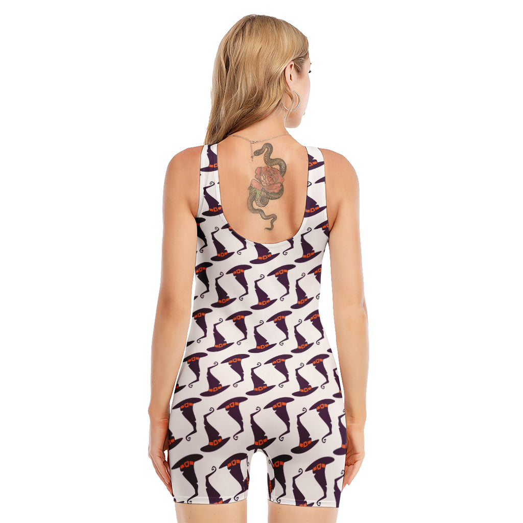 Purple Halloween Witch Hat Pattern Print Sleeveless One Piece Swimsuit