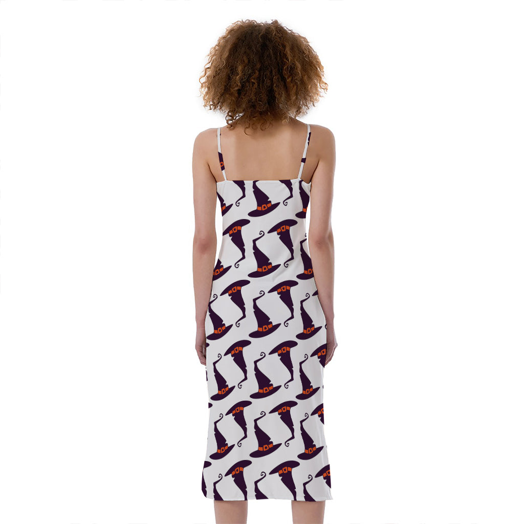 Purple Halloween Witch Hat Pattern Print Slim Fit Midi Cami Dress