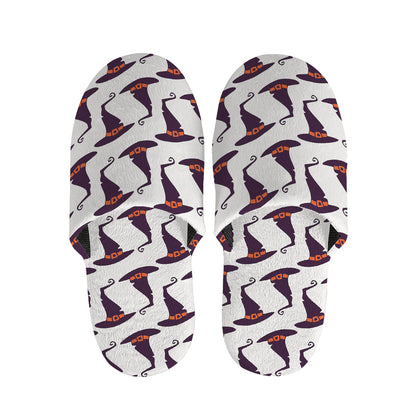Purple Halloween Witch Hat Pattern Print Slippers