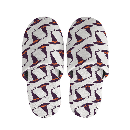 Purple Halloween Witch Hat Pattern Print Slippers