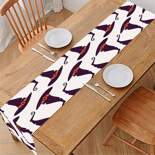Purple Halloween Witch Hat Pattern Print Table Runner