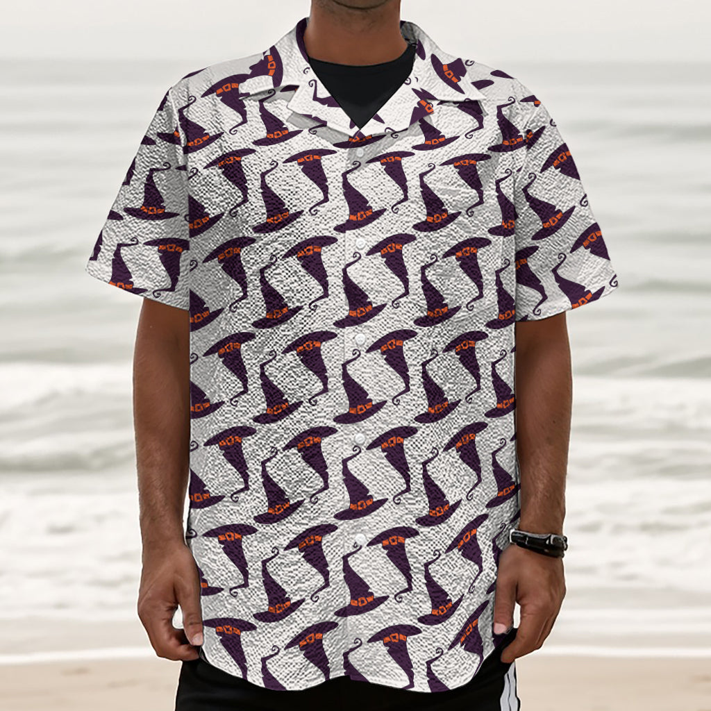 Purple Halloween Witch Hat Pattern Print Textured Short Sleeve Shirt