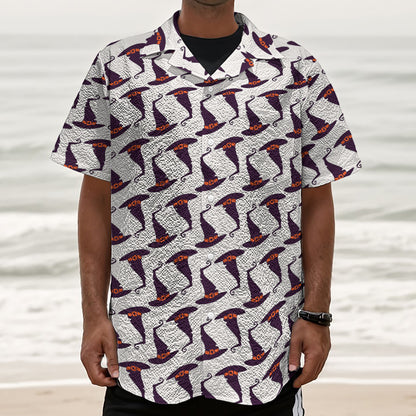 Purple Halloween Witch Hat Pattern Print Textured Short Sleeve Shirt