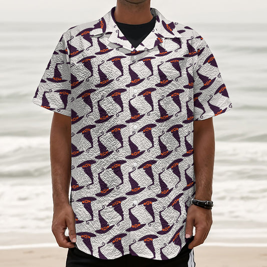 Purple Halloween Witch Hat Pattern Print Textured Short Sleeve Shirt