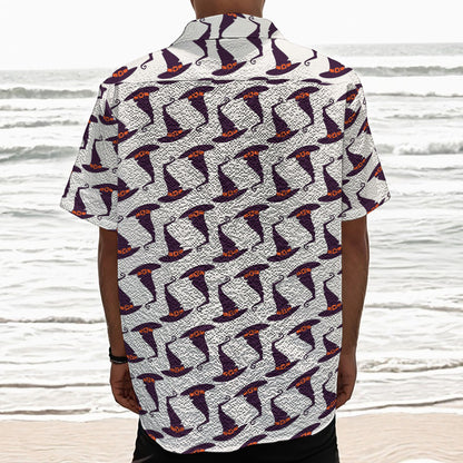 Purple Halloween Witch Hat Pattern Print Textured Short Sleeve Shirt