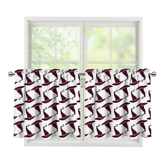 Purple Halloween Witch Hat Pattern Print Tier Curtains