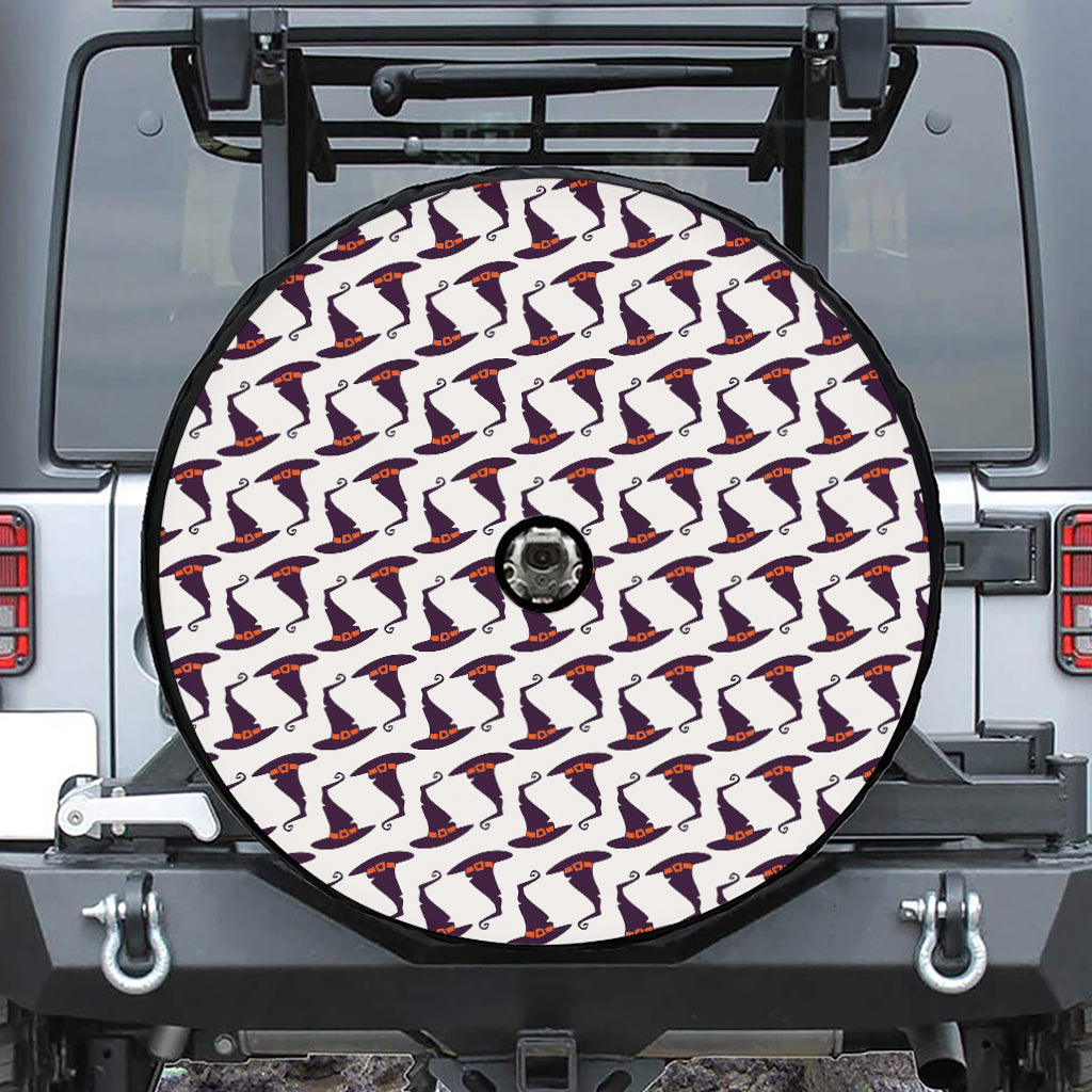 Purple Halloween Witch Hat Pattern Print Tire Cover With Camera Hole