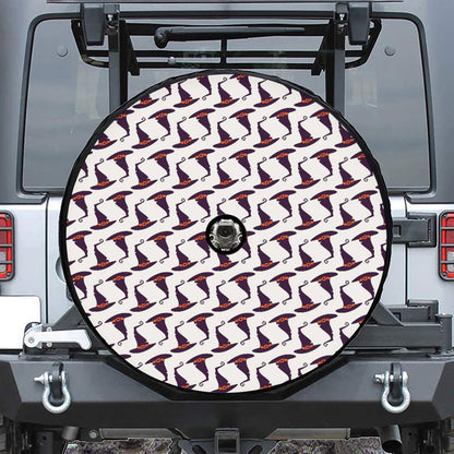 Purple Halloween Witch Hat Pattern Print Tire Cover With Camera Hole