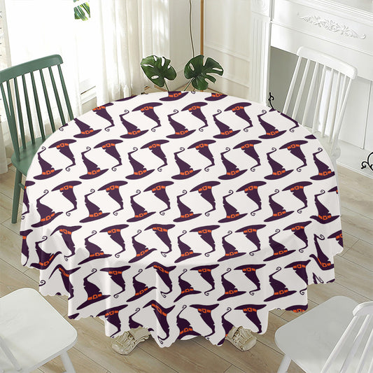 Purple Halloween Witch Hat Pattern Print Waterproof Round Tablecloth