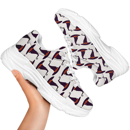 Purple Halloween Witch Hat Pattern Print White Chunky Shoes