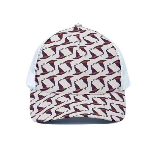 Purple Halloween Witch Hat Pattern Print White Mesh Trucker Cap
