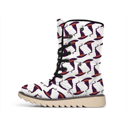 Purple Halloween Witch Hat Pattern Print Winter Boots