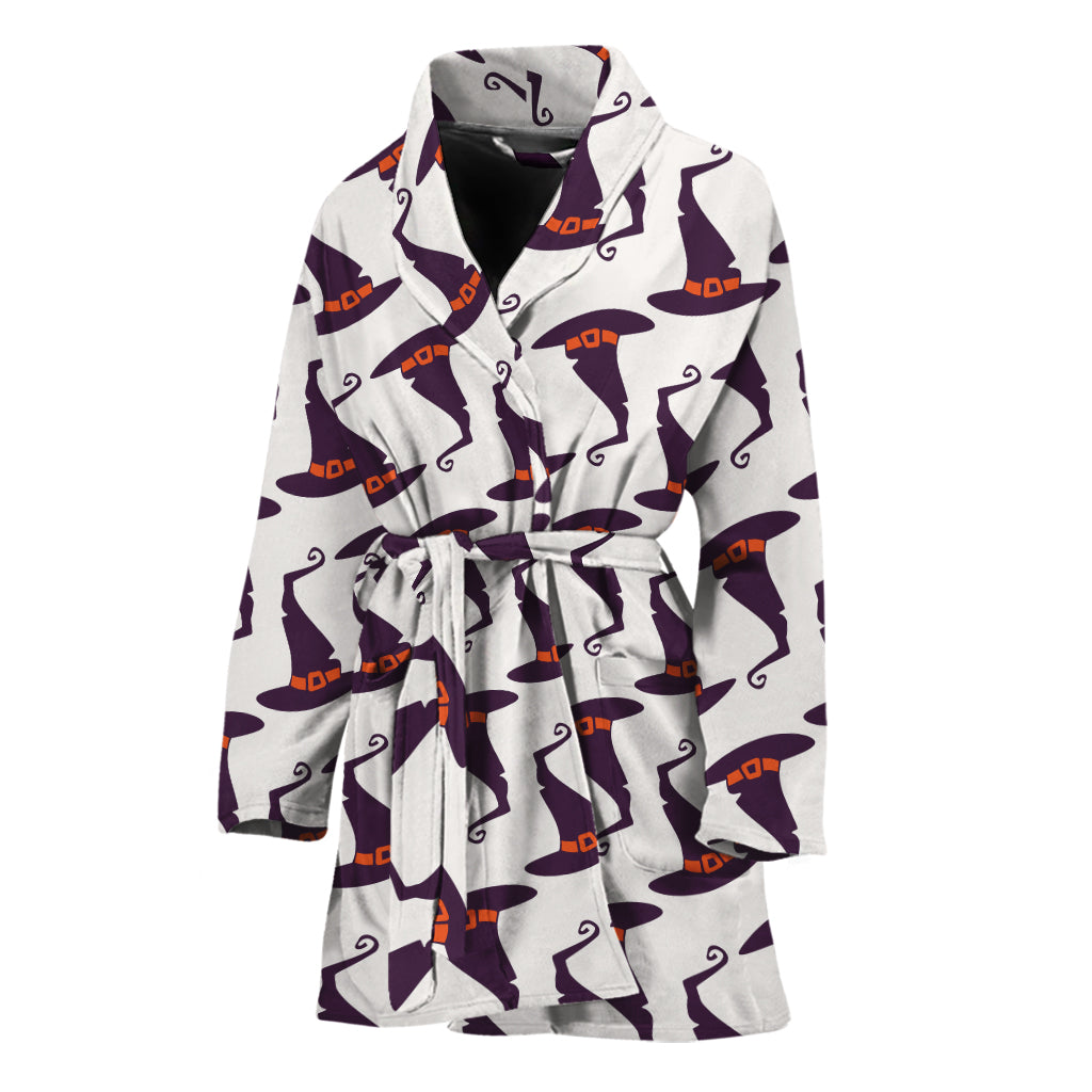 Purple Halloween Witch Hat Pattern Print Women's Bathrobe