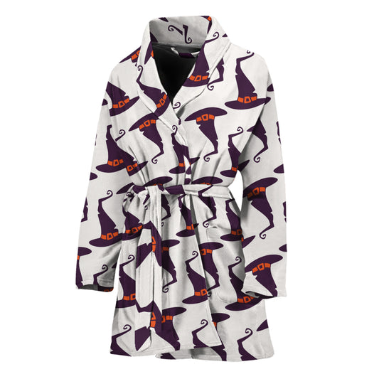 Purple Halloween Witch Hat Pattern Print Women's Bathrobe