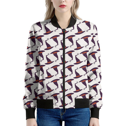 Purple Halloween Witch Hat Pattern Print Women's Bomber Jacket