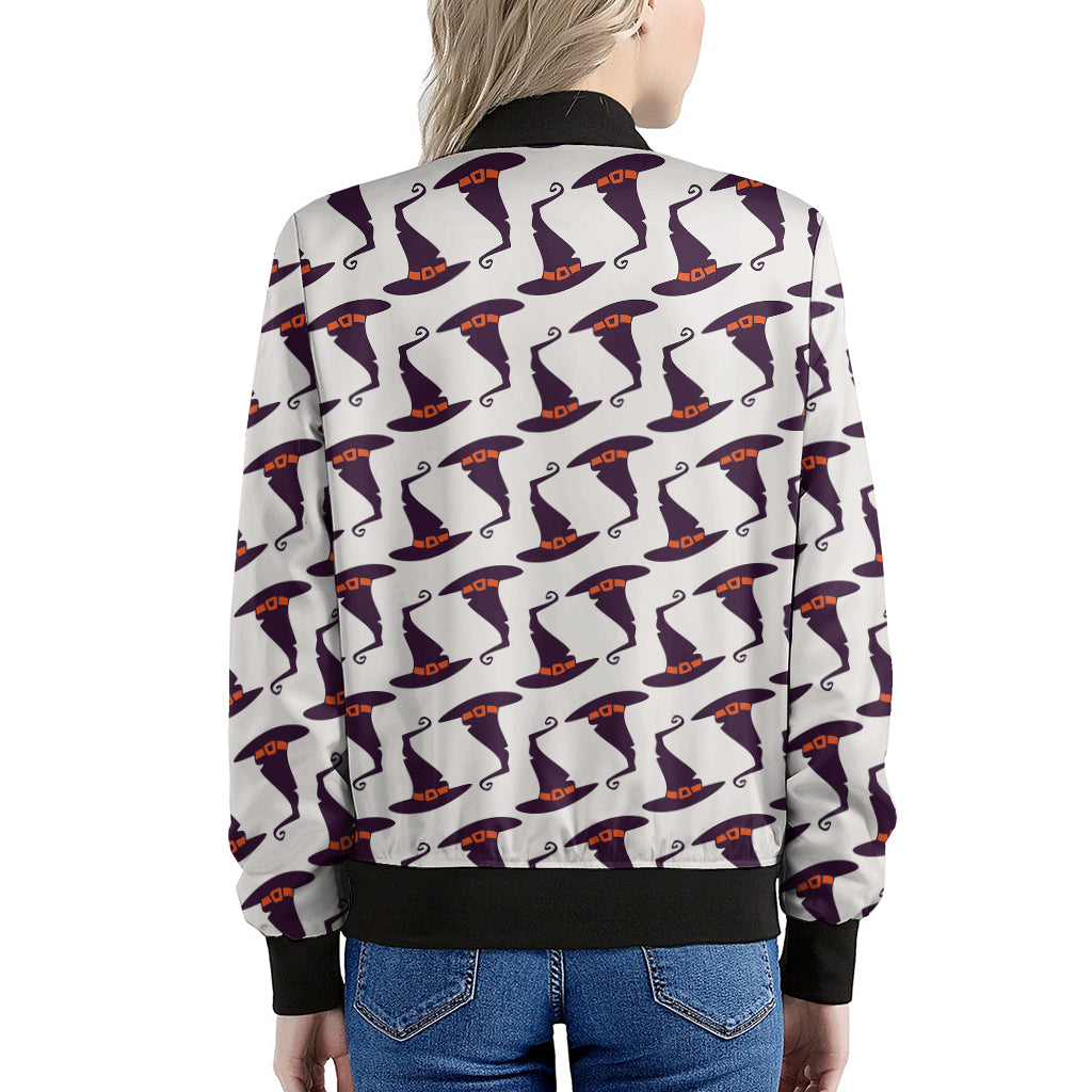 Purple Halloween Witch Hat Pattern Print Women's Bomber Jacket