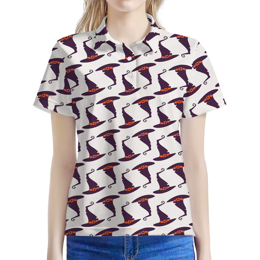 Purple Halloween Witch Hat Pattern Print Women's Polo Shirt