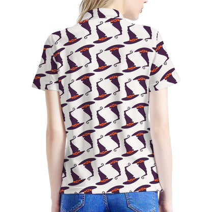 Purple Halloween Witch Hat Pattern Print Women's Polo Shirt