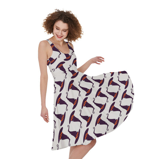 Purple Halloween Witch Hat Pattern Print Women's Sleeveless Dress