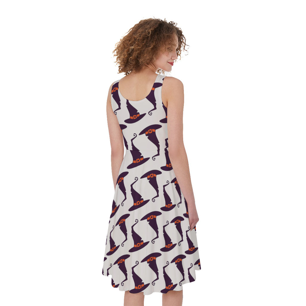 Purple Halloween Witch Hat Pattern Print Women's Sleeveless Dress