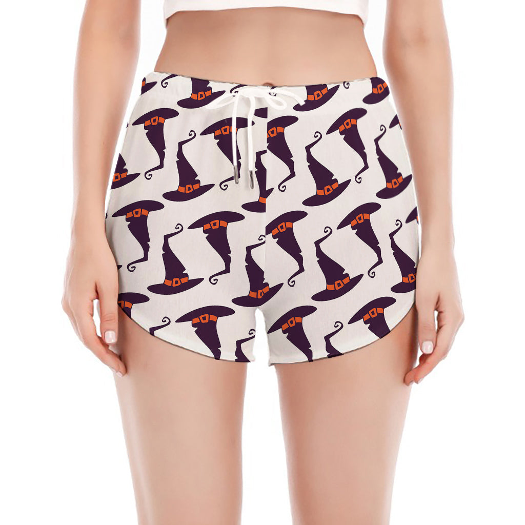 Purple Halloween Witch Hat Pattern Print Women's Split Running Shorts