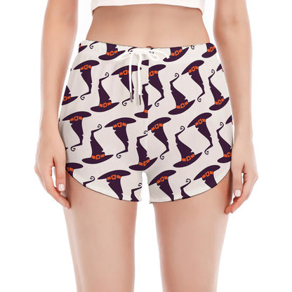 Purple Halloween Witch Hat Pattern Print Women's Split Running Shorts