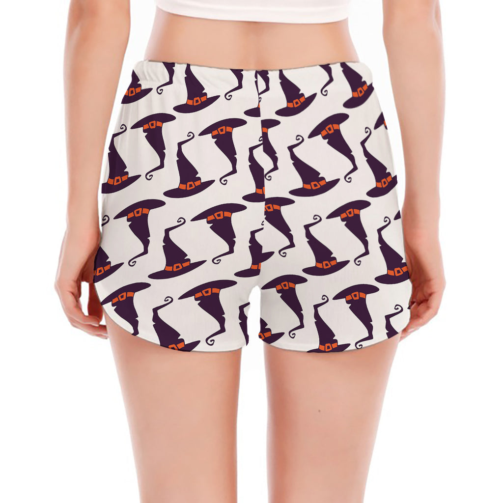 Purple Halloween Witch Hat Pattern Print Women's Split Running Shorts